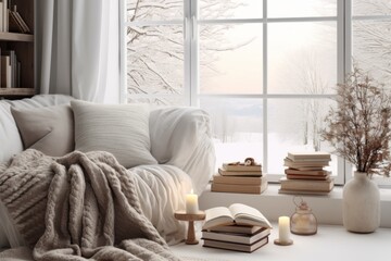 Fototapeta premium Cozy winter living room mockup with warm blankets, books, and snowy decor