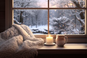 Cozy winter scene mockup with a blanket, a cup of cocoa, and frosty window lighting