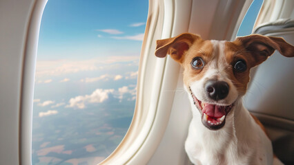 Happy Jack Russell Terrier sitting near the window on the airplane
