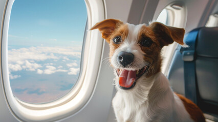 Happy Jack Russell Terrier sitting near the window on the airplane