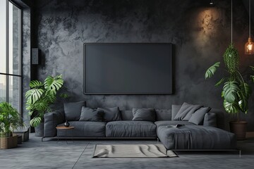 Blank TV screen in modern dark interior with gray sofa in darkness mock up, front view. TV in living room interior background, empty TV display template