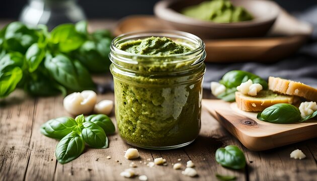Jar with delicious basil pesto sauce on table
