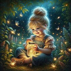 A young girl with a glowing jar sits amidst a magical setting surrounded by softly illuminated fireflies - 763417635