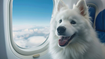 Happy Samoyed sitting near the window on the airplane