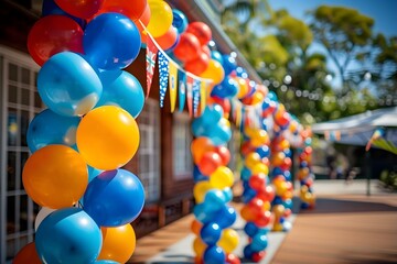 Celebrate different nationalities with flags and balloons in vibrant display setting. Concept Multicultural Celebration, National Flags, Balloons, Vibrant Display, Diversity Display