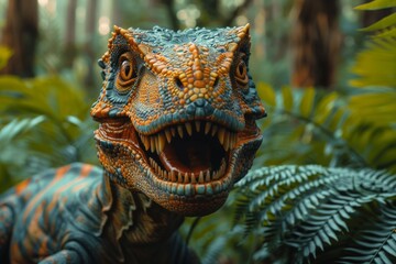 Intimate portrait of a colorful dinosaur with a fierce expression nestled within the dense green...