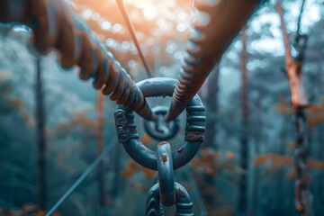 Securing steel zip line for safe and thrilling adventure experience outdoors. Concept Steel Zip Line Installation, Outdoor Adventure Safety, Thrill Seeking Activities, Extreme Sports Equipment