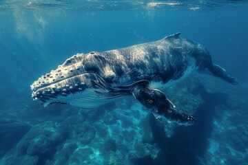 A humpback whale glides gracefully through the clear blue waters, surrounded by the textured underwater landscape