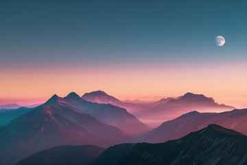 The image depicts a tranquil dusk over a mountainous landscape, with gradients of pink and blue hues casting a soft glow on the peaks and valleys. A crescent moon hangs in the pastel sky