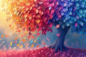 Colorful tree with leaves on hanging branches illustration background. 3d abstraction wallpaper . Floral tree with multicolor leaves - obrazy, fototapety, plakaty