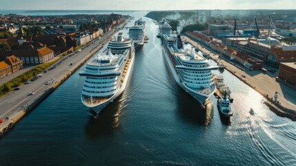Aerial top view photo of top deck swimming pool in large cruise ship liner crusing in popular destination port - obrazy, fototapety, plakaty
