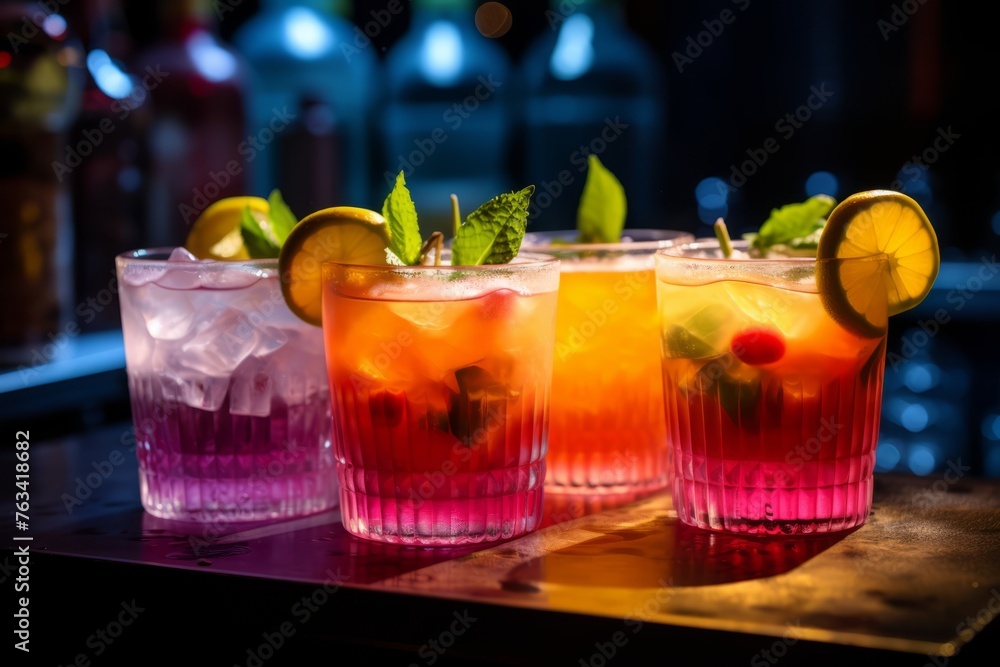 Poster a close up of a mixologist creatively layering various fruit juices and rum to create an appealing v