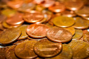 Close up of multiple pennies together