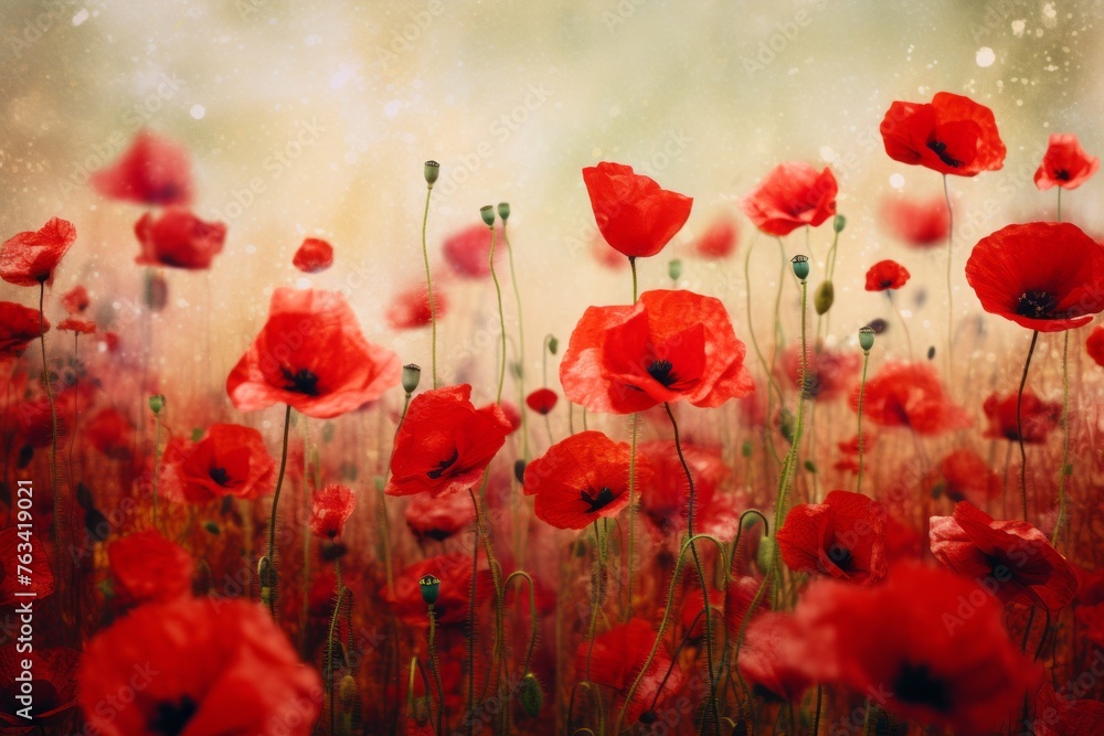 Poster a field of wild poppies creating a vibrant and captivating background