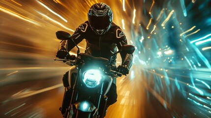A motorcyclist rides fast in neon lights.