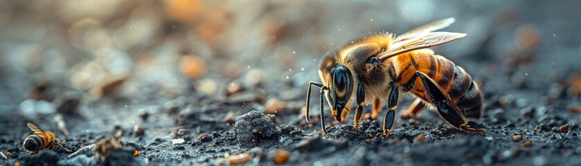 Bees in urban area, lack of greenery, macro shot, contrast between nature and cityscape - obrazy, fototapety, plakaty