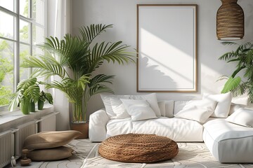 Cozy living room interior with large window and white poster