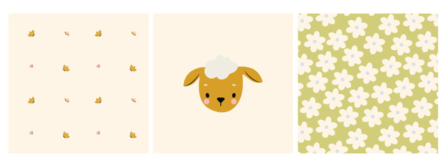 A set of patterns and poster with a sheep, flowers and butterfly. Spring. Easter