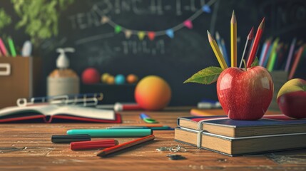 Creative illustration of a back to school theme, a stack of books with an red apple on top, school supplies around on a green school board background.	
 - obrazy, fototapety, plakaty