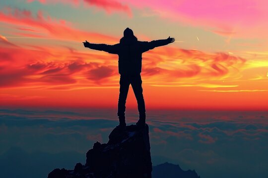 Silhouette of a person with outstretched arms atop a mountain peak, with a breathtaking sunset painting the sky in vibrant hues.