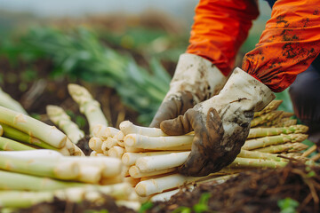 Man harvesting white asparagus vegetables in agricultural field