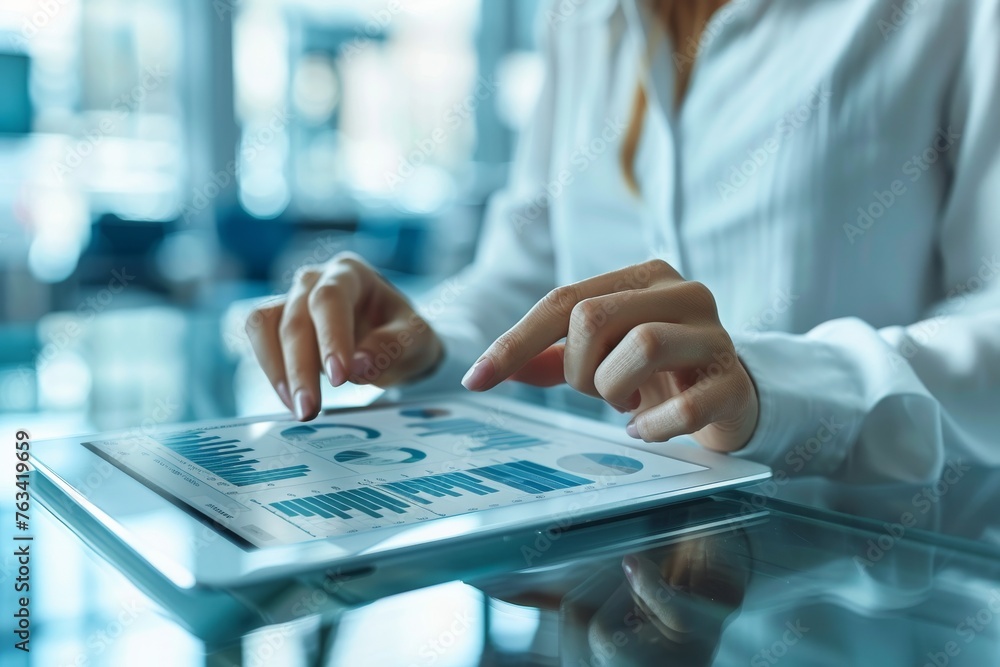 Poster focused business professional using a modern tablet to review and interact with digital financial ch