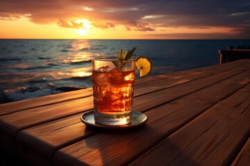 A serene sunset scene with a glass of rum punch placed on a wooden pier, inviting contemplation and...