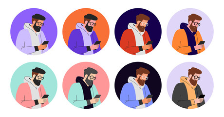 Bearded man with phone, multicolored avatar icon set for business and social media