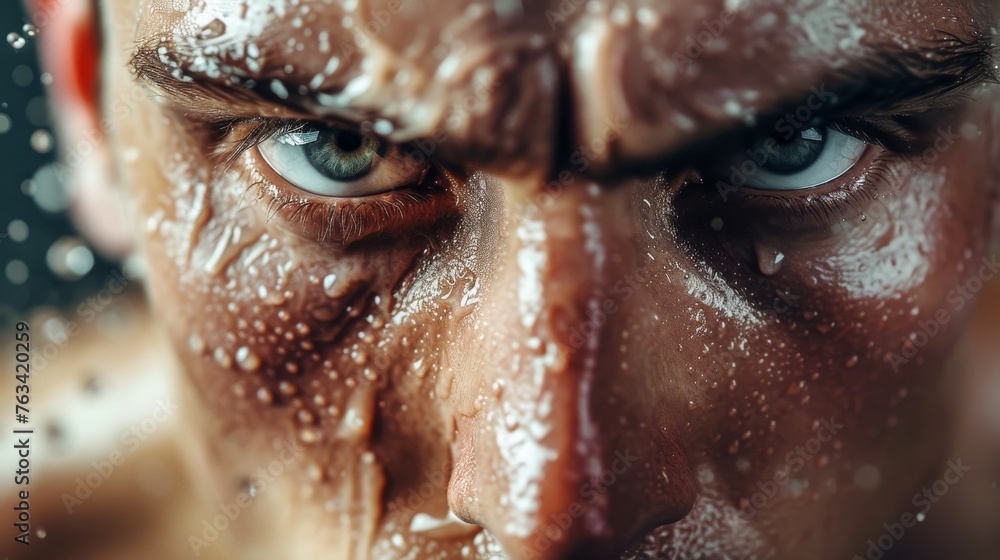 Wall mural Close-up portrait of a man with water drops on his face