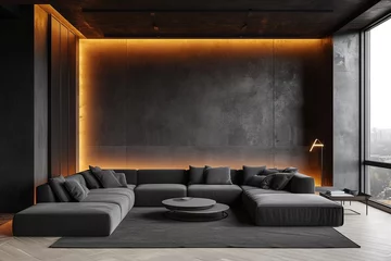 Fotobehang Dark living room interior with black empty wall © interior