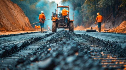 Road construction workers' teamwork at a road construction site, hot asphalt gravel leveled - obrazy, fototapety, plakaty