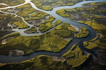 Aerial view of a river delta weaving through marshy wetlands