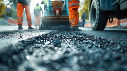 Road construction workers' teamwork at a road construction site, hot asphalt gravel leveled