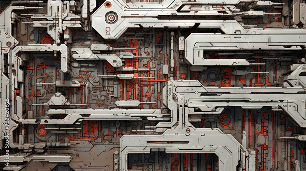 Poster Background with metallic panels texture, wires and circuit. Spaceship hull wall technology background.