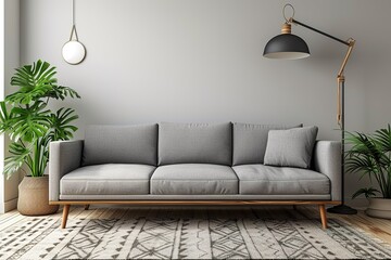 Elegant, gray sofa with wooden legs and lamp in a designer minimalist living room.