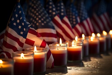 An American flag gently draping over a row of memorial candles on Patriot Day