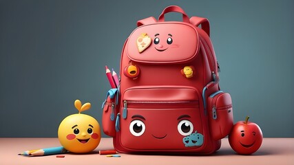 Red school bag with backpack and emoji drawing