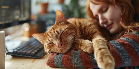 A beautiful ginger cat lying on its owner as she works on a computer - obrazy, fototapety, plakaty