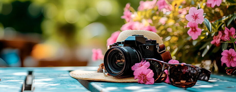 A camera on a table with flowers. Spring.