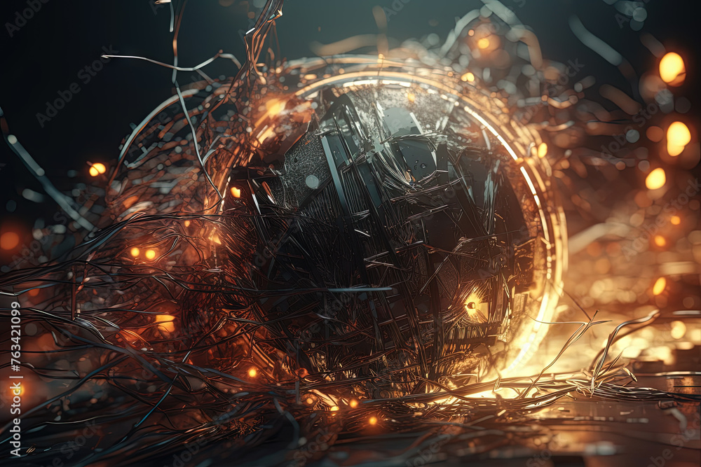 Poster Abstract burst of wires and particles on technology background. Scientific abstraction with mess of wires.