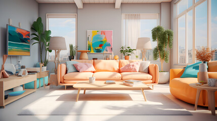 modern living room ,Interior design of modern living room with velvet terra cotta sofa,Modern living room with sofa pastel color
 - obrazy, fototapety, plakaty