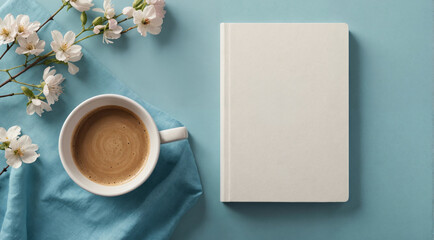 Obraz na płótnie Canvas Blank book cover template laying on blue background with a cup of coffee and spring flower branch. Front, top view of empty book mockup in cosy environment and pastel colours