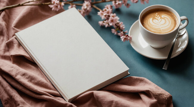 Blank book cover template laying on blue background with a cup of coffee and spring flower branch. Front, top view of empty book mockup in cosy environment and pastel colours