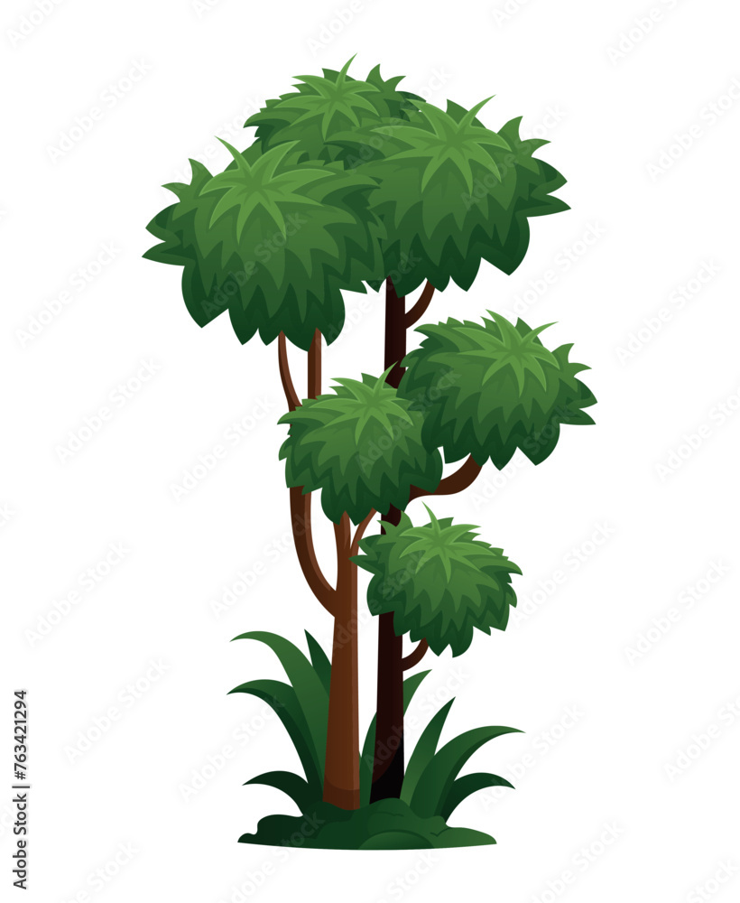 Poster image of a jungle tree. this is a jungle tree, depicted in a dynamic illustration with a colorful de