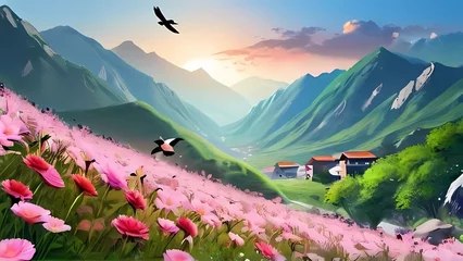 Schilderijen op glas meadow with flowers in the mountains © Ehtasham