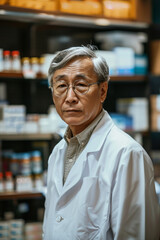 Fototapeta premium Healthcare Hero: Senior Pharmacist at Work, Copy Space 