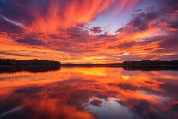 Stunning sunset reflecting on a serene lake with picturesque clouds in the sky