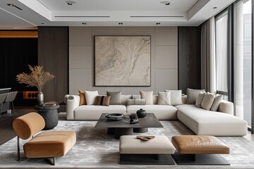 Elegant monochromatic living space with high-end furnishings.