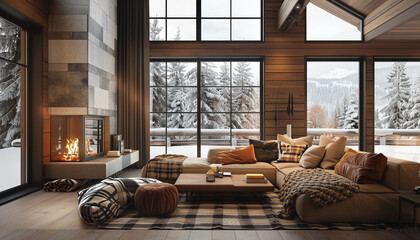 Cozy modern winter living room interior with a modern fireplace in a chalet. Modern cottage sitting room decor, interior design, home decor in elegant English country house style - obrazy, fototapety, plakaty
