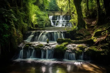 Fotobehang Cascading waterfall surrounded by lush greenery in the forest © KerXing